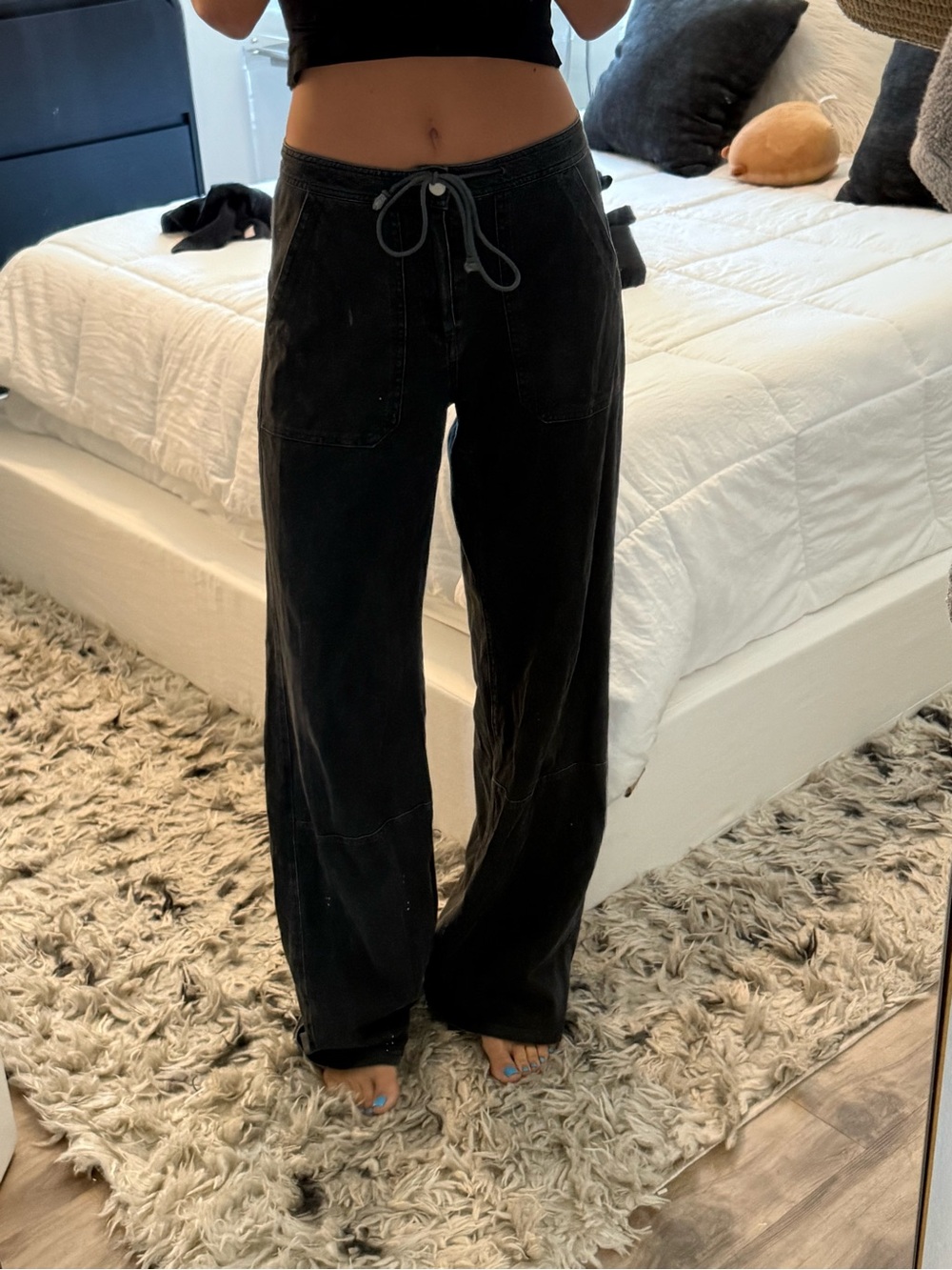 Black Drawstring Wide-Leg Lounge Pants